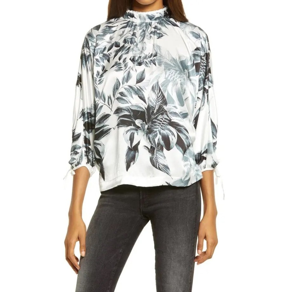 ALLSAINTS Womens 4 Rora Creation Mock Neck Top Silk Blend Balloon Sleeves NWT
